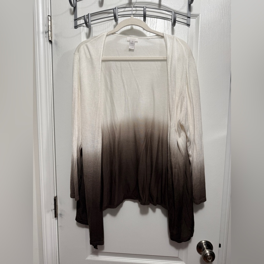 Chico’s Open Front Cardigan Women’s Size 3 XL Cream Brown Ombré Soft Lightweight